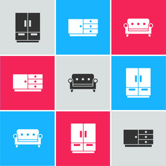 Set Wardrobe, Chest of drawers and Sofa icon. Vector