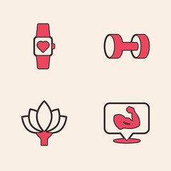 Set Bodybuilder muscle, Smart watch, Dumbbell and Lotus flower icon. Vector
