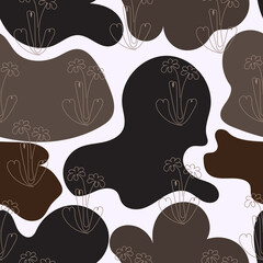 Seamless background with cow color spots texture and flowers. Vector graphics.