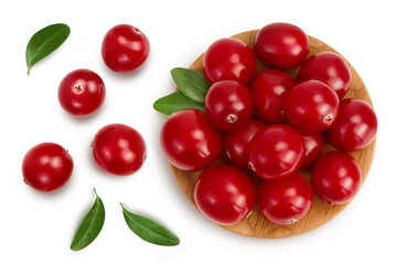 Cranberry in wooden bowl isolated on white background with full depth of field. Top view. Flat lay