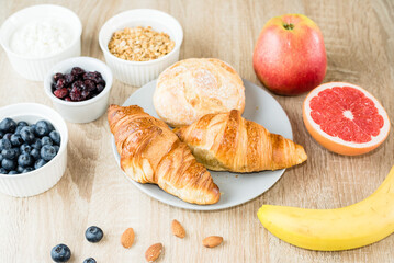 Healthy breakfast. Croissants, buns, cottage cheese, berries and fruits and berries.  Long banner format