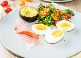 Plate with a keto diet food. Eggs, vegetable salad with tomatoes, bacon and avocado. Keto breakfast.