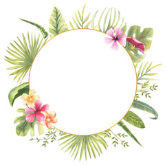 Vector illustration of a round frame with tropical plants. Monster, banana leaves, hibiscus, etc. Floral watercolor. For the design of greeting cards, invitations