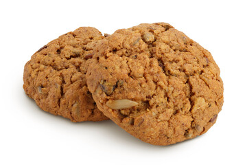 oatmeal cookies with flax, pumpkin and sunflower seeds isolated on white background with full depth of field