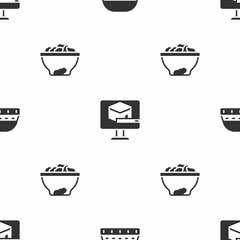 Set Muslim hat for prayer, Kaaba mosque and Date fruit in bowl on seamless pattern. Vector