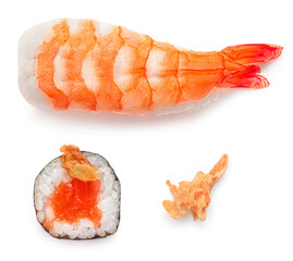 Sushi with rice, shrimps and salmon  isolated on white background.  Top view. Flat lay. Japan restaurant menu..