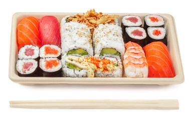 Nigiri Sushi rolls set isolated on a white background. Japan restaurant menu. Sushi with salmon, tuna and avocado. Top view. Flat lay.