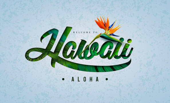 Tropical Summer Design with Aloha Hawaii Lettering and Parrot Flower on Exotic Palm Leaves Background. Vector Holiday Typography Illustration with Tropic Plant and Phylodendron for Banner, Flyer