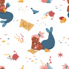 Seamless pattern with cute dark skinned mermaid, seaweed and fish