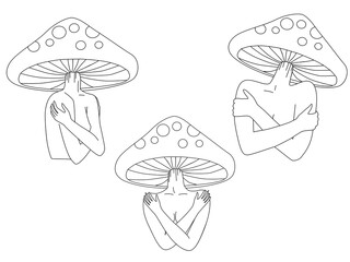 Set of magic girls with mushroom head. Psychedelic hallucination.  70s hippie black and white tattoo art.