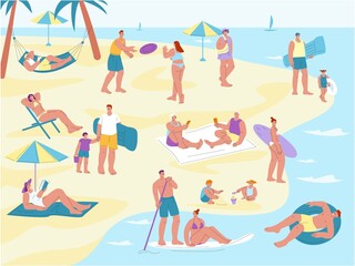 Summer beach people. Sea vacations, person reading and swimming. Holiday on ocean, fun family and children. Surfer and sunbather kicky girl vector scene
