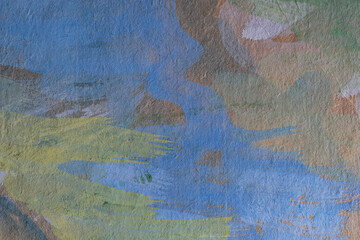 Abstract background closeup of a painting with brushstrokes. Rough art paint smear. Large multicolor spots of brush strokes and palette knife on the canvas