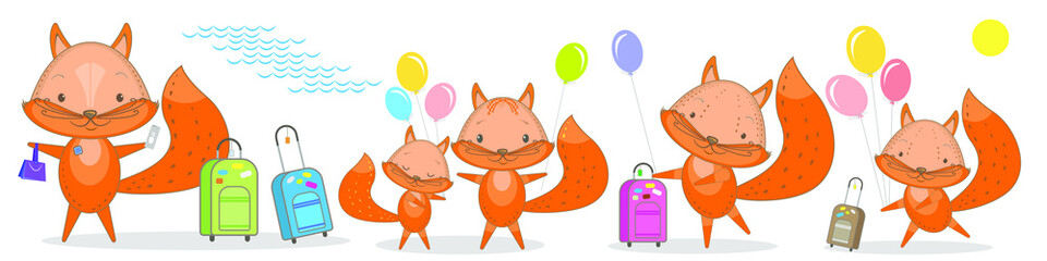 Funny animals, fox. Vector drawing in cartoon style, postcard, design, tourism, travel.