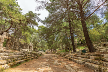Ruins of Phaselis an ancient city ranged on a peninsula surrounded by three small, perfect bays near Kemer in Turkey.