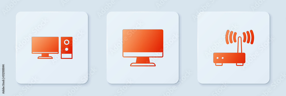 Poster set computer monitor screen, and router and wi-fi signal. white square button. vector