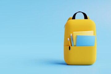Backpack with different colorful stationery on blue background. 3d render