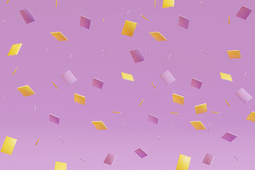 Different colorful stationery flying on pink background. 3d render