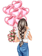 Beautiful girl with tulips flowers and heart shape balloons back view. Fashion girl illustration