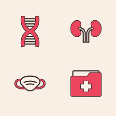 Set Patient record, DNA symbol, Human kidneys and Medical protective mask icon. Vector