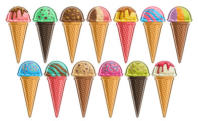 Vector Ice Cream Set, lot collection of cut out different illustrations of group refreshing scoop ball ice creams in waffle cones, icon set of bright kids soft icecreams in a row on white background