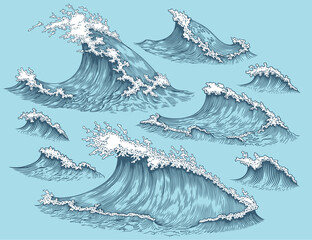 Sea waves. Design set. Editable hand drawn illustration. Vector vintage engraving. 8 EPS
- 512110477