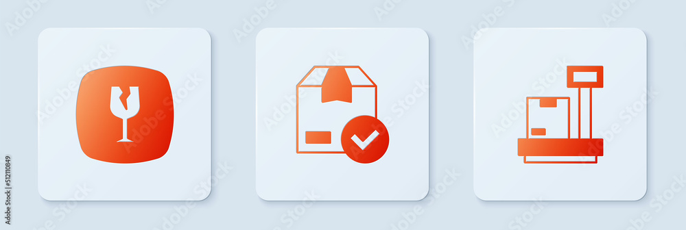 Poster set ackage box with check mark, fragile broken glass and scale cardboard. white square button. vecto
