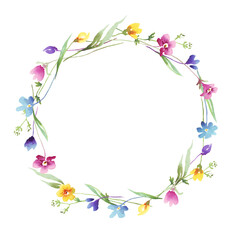 Fototapeta na wymiar Wildflowers wreath. Watercolor clipart