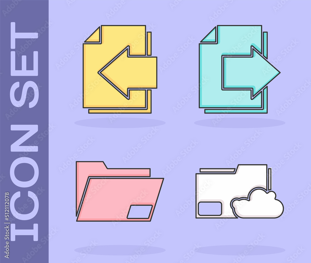 Poster Set Cloud storage text document folder, Next page arrow, Document folder and Next page arrow icon. Vector