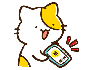 スマホでバーコード決済をするかわいいねこのデフォルメイラスト