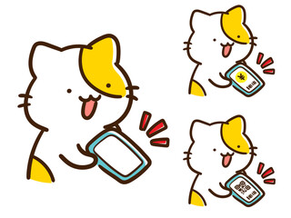スマホの画面を提示するかわいいねこのデフォルメイラストセット