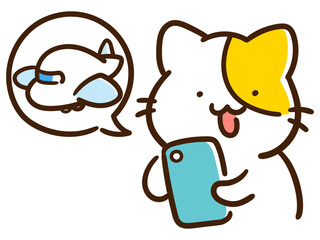 オンラインで飛行機の搭乗券を購入するかわいいねこのデフォルメイラスト