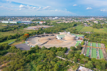 Aerial top view of metropolitan provincial waterworks industry factory in urban city town. Water utilities service.