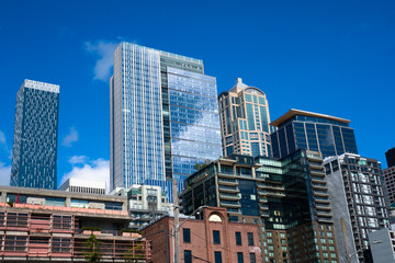 Fototapeta na wymiar View of skyline with modern buildings seen from Downtown Seattle Washington