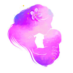 Happy mother's day with the clipping path. Side view of Happy mom with the baby together silhouette plus abstract watercolor painting. Digital art painting.