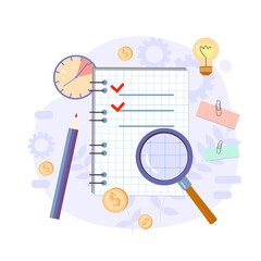 Productivity vector illustration. Magnifier. Effective time management elements for your design. Planning tasks, activities, schedules, working time. Characters people at work.