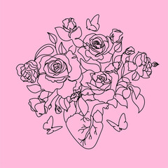Heart with flowers. Minimalist Line Art illustration. Elegant floral design elements for postcard, invitation, cover, decoration