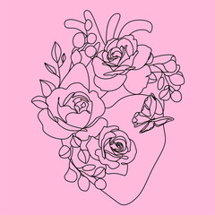 Heart with flowers. Minimalist Line Art illustration. Elegant floral design elements for postcard, invitation, cover, decoration