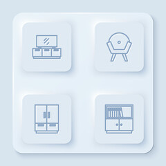 Set line TV table stand, Armchair, Wardrobe and Library bookshelf. White square button. Vector