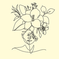Line Art Woman Face with Flowers Continuous One Line Drawing. Female Art Print Line Drawing. Woman Face Modern Print. Minimalist Female Contour Art Design. Salon Logo. Natural Cosmetics symbol