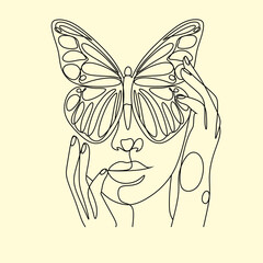 Abstract face with flowers and butterfly by one line drawing. Modern continuous line art. Women line art. Beauty salon logo. Coloring book. Botanical print. Nature symbol of cosmetics. Fashion logo.