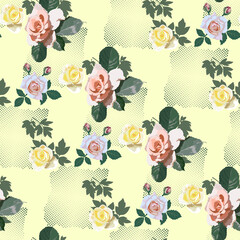 Bright floral pattern for fabric design. Flowers fold in pink, yellow and peach tones on pastel yellow background with green dots and leaves, vector illustration.