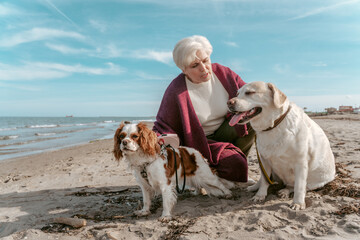 Senior woman with her dogs on the beach