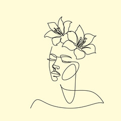 Line Art Woman Face with Flowers Continuous One Line Drawing. Female Art Print Line Drawing. Woman Face Modern Print. Minimalist Female Contour Art Design. Salon Logo. Natural Cosmetics symbol