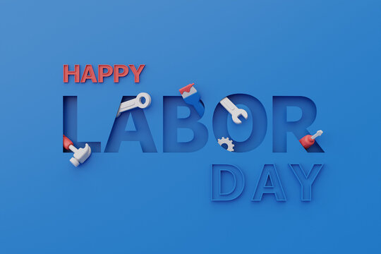 Happy labor day usa concept with construction tools and equipment on blue background, 3d rendering