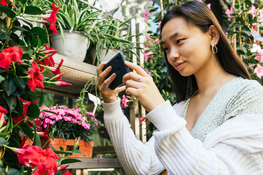 Positive Asian woman taking picture of flowers in market