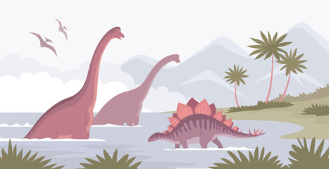 Big brachiosaurus and stegosaurus. Lizards bathe in water. Herbivorous dinosaur of the Jurassic period. Vector cartoon illustration. Prehistoric pangolin. Science paleontology. Wild landscape © Mikhail