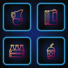 Set line Milkshake, Bottled milk in wooden box, jug or pitcher and Paper package for kefir. Gradient color icons. Vector