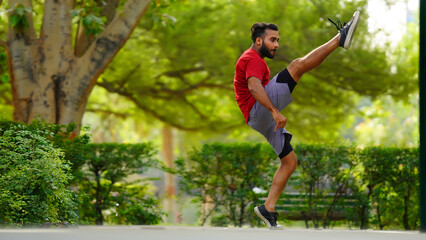 boy practicing karate kick image in park