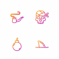 Set line Shark fin in ocean wave, Bomb ready to explode, Smoking pipe and Pirate captain. Gradient color icons. Vector