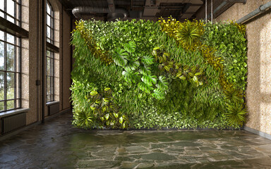 Industrial style of living room design with green wall, 3d render